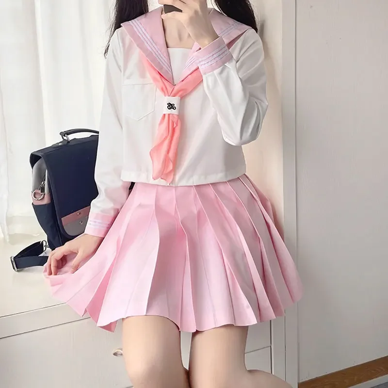 Pink Style Korean Sailor Set Women Seifuku High School Student JK Uniform Japanese Sailor Suit Cos Costumes Girls Pleated Skirt