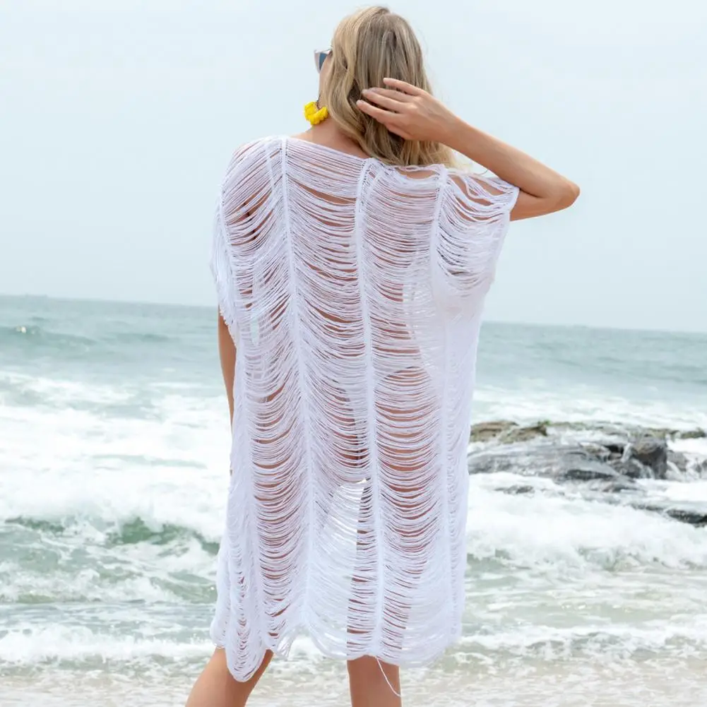 V-neck Front Lace-up Cover Up Cardigan Crochet Braided Thin Loose Fit Hollow Tassel Sunscreen Bikini Cover Up Beachwear