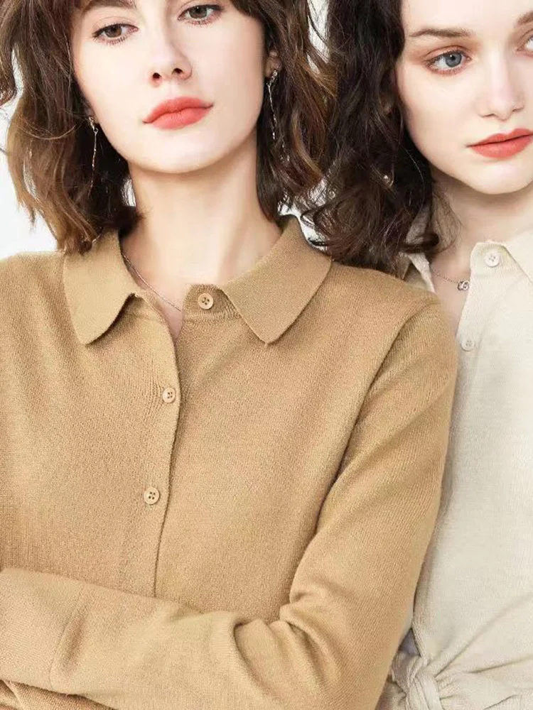 

women's Cashmere POLO Collar Sweater Long sleeve Button Sweater Fit Slim Casual Let ter Lapel Cardigan Harajuku Coat Shirt Tops