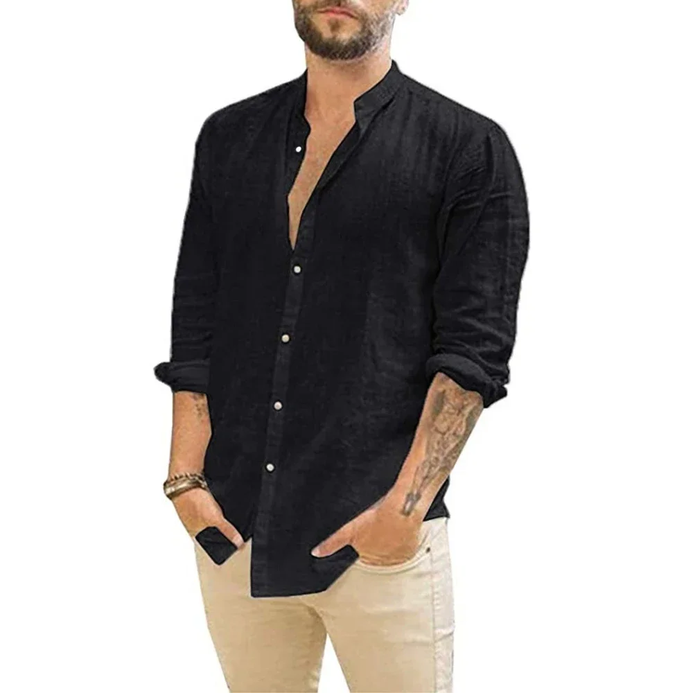 Linen Shirt Cotton Men Long-Sleeved Summer Solid Color Stand-Up Collar Beach Style