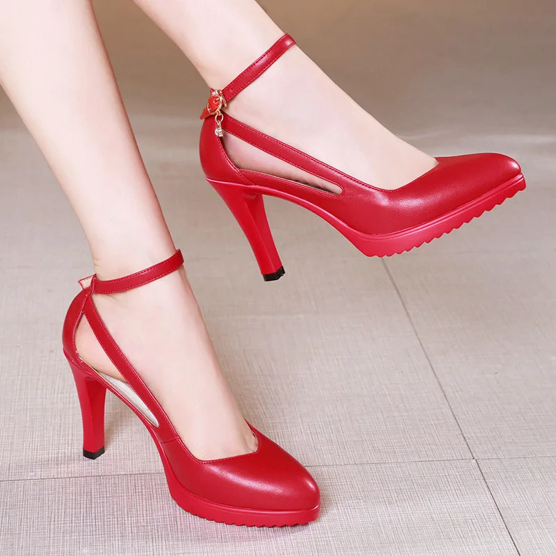 

8cm 11cm Size 32-43 Ankle Buckle Red White Wedding Shoes Bride Platform Pumps 2024 Fall Shallow High Heels Shoes Model Party