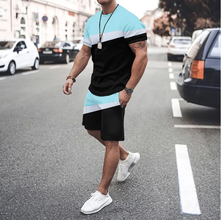 3D Three-dimensional Pattern Printing Two-piece Men's Fashion T-shirt Suit Summer Short-sleeved + Shorts Men's Casual Sportswear
