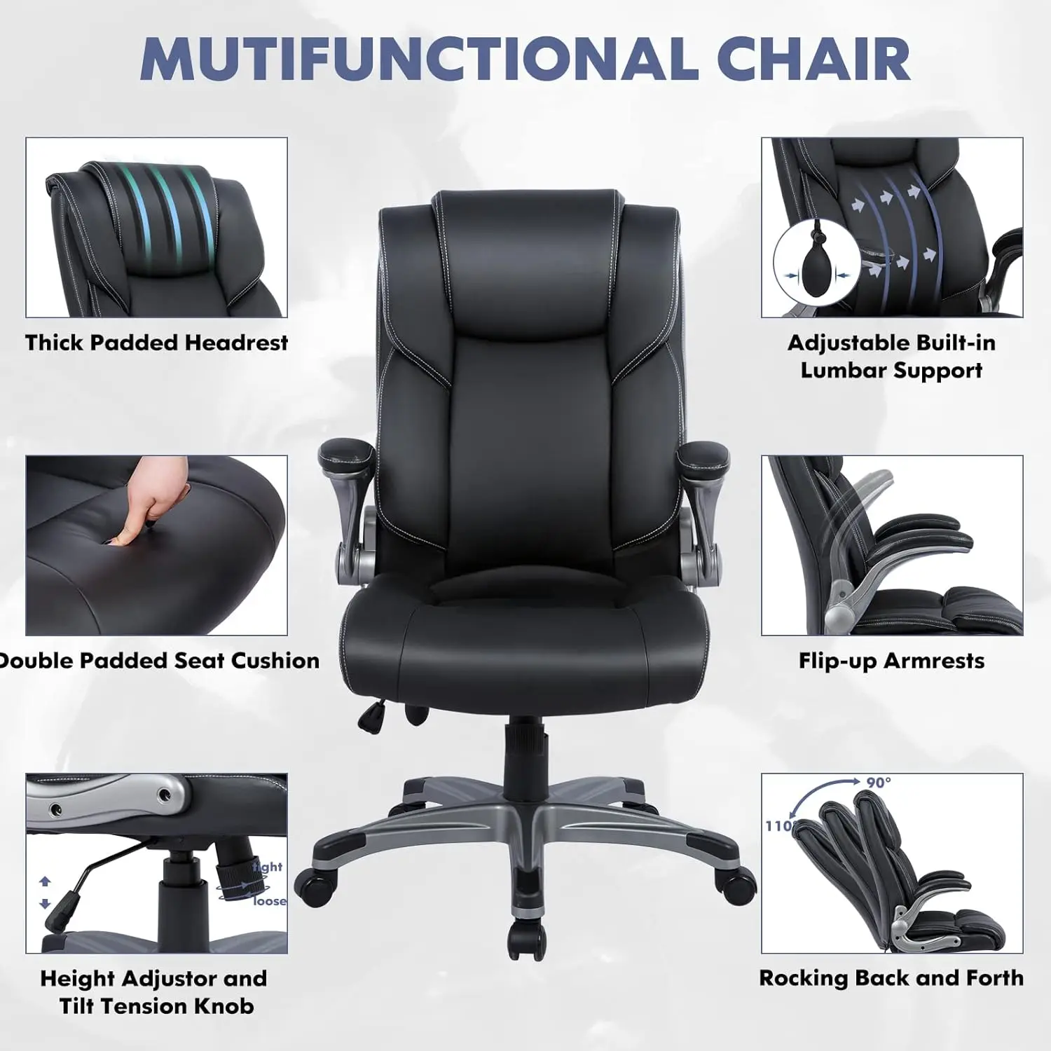 High Back Executive Office Chair  Ergonomic Home Computer Desk Leather Chair with Padded Flip up Arms Adjustable Tilt Lock 5