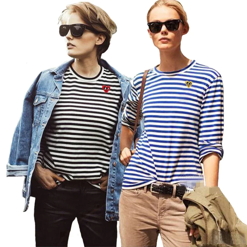 

Women Stripe T-shirt Long Sleeve Cotton Happy Heart Cartoon Heart Embroidery Cotton O-Neck Straight Spring Autumn Lady T-Shirt