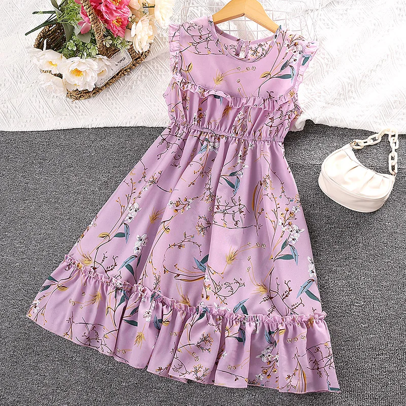 Dress Kids Girls 5-12 Years Blue Green Purple Sleeveless Floral - Main Image