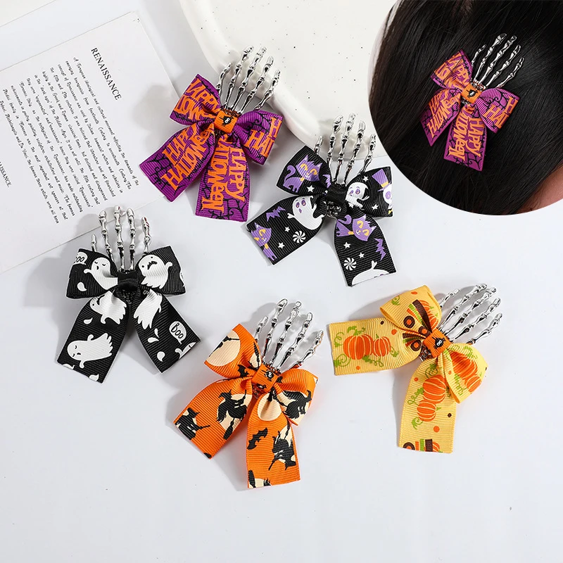 

6Color Trendy Black Ribbon Bowknot Skull Hand Hair Clip for Women Hair Hairpins Barrette Children Hair Halloween Punk Headwear