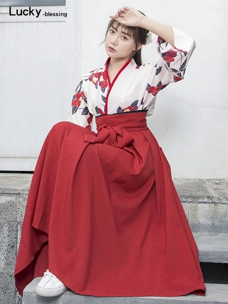 Japanese Style Floral Print Dress Long Kimono Skirt Kawaii Clothing Girls Party Robe Set Vintage Costume Asian Cosplay Women New