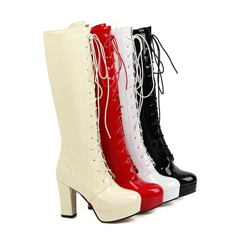 

Autumn Winter new style fashion High heels Knee-length boots Thick heel Lace locomotive Women's boots plus size 32-48