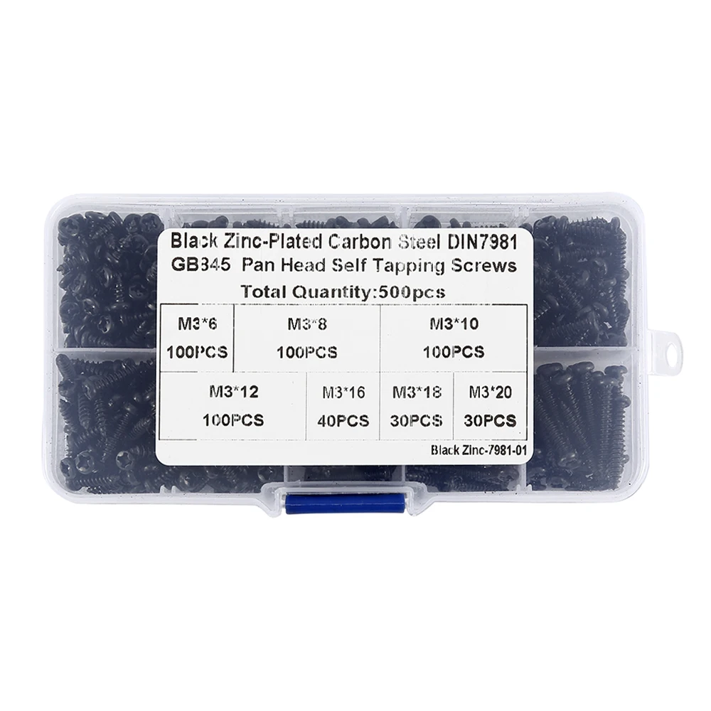 500pcs M3 Screws Black Self Tapping Screws Pan Head Cross Self Drilling Wood Screw Assortment Kit 6/8/10/12/16/18/20mm Carbon