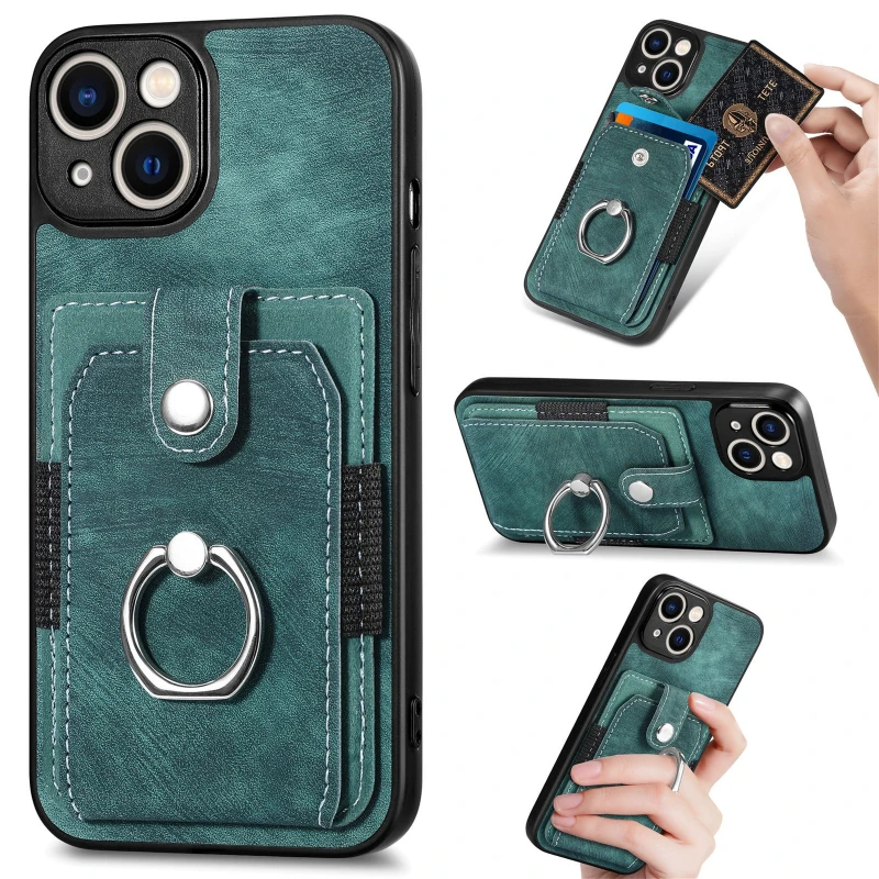 Versatile 360° Rotation Ring Kickstand Leather Wallet Card Holder with Magnetic Car Mount Compatibility