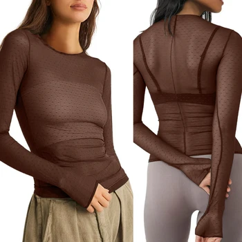 Women Long Sleeve T-shirt Casual Crew Neck Dots See-through Slim Fit Sheer Tops Baby Tees Y2k Club Streetwear 1