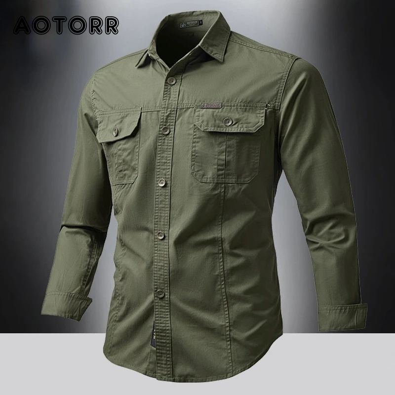 New Men's Shirts Military Casual Shirt 100% Cotton Male Long Sleeve Casual Dress Shirt Vintage Jacket Streetwear Drop Shipping men's short sleeve dress shirts