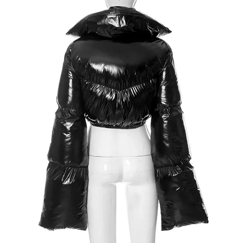 2023 Winter Bright PU Leather Parkas Women Turn Down Collar Long Sleeve Zipper Cotton Padded Coats Warm Jackets Top Streetwear