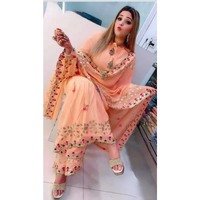 

Women Pakistani Salwar Kameez Dupatta Stitched Peach Palazzo Kurta Readymade Set