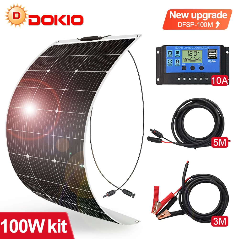 Dokio 18V Flexible 100W Solar Panel Sets Für Auto/Home Wasserdichte Monokristalline Solar China Ladung 12V batterie Mit 8M Kabel