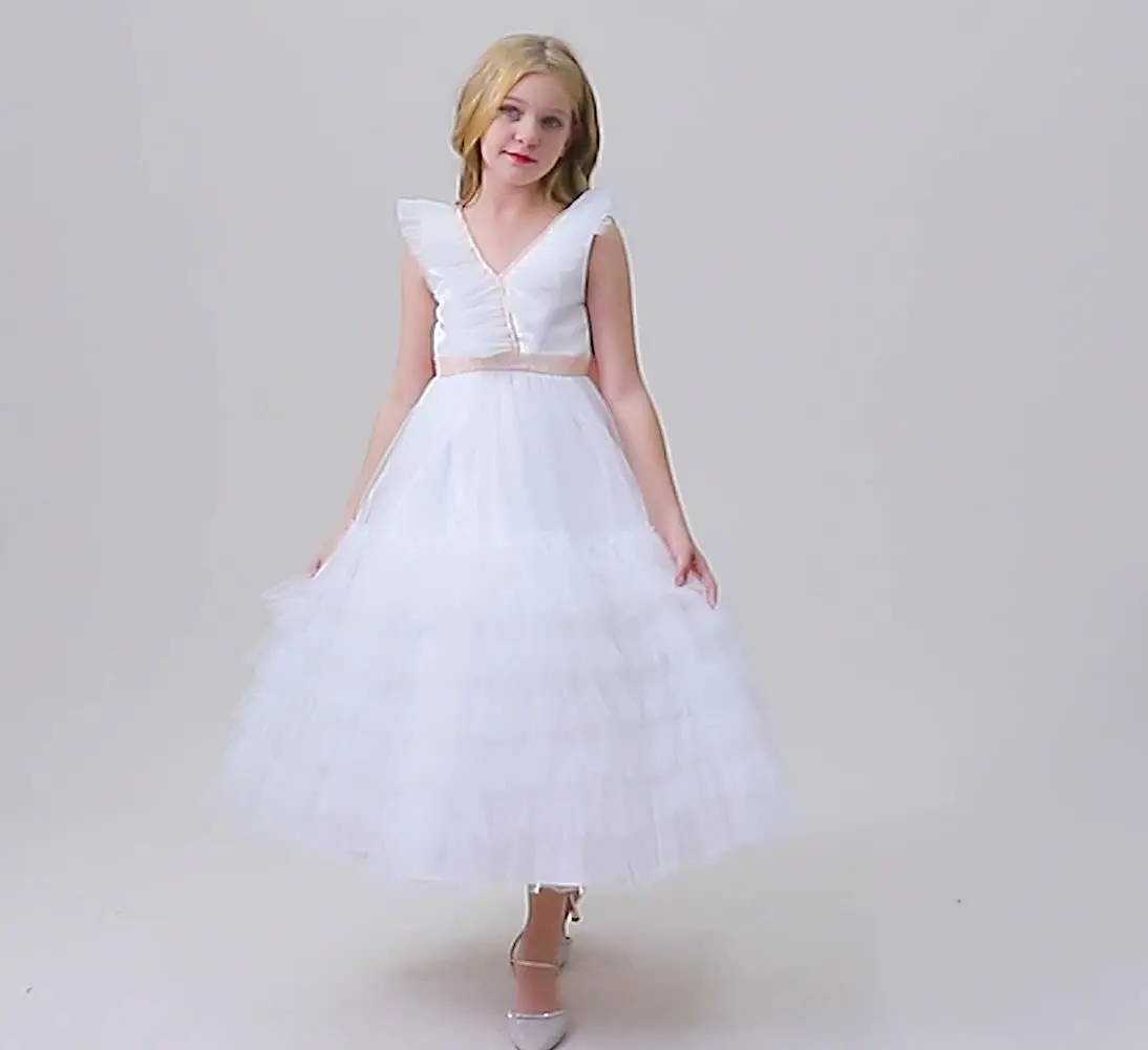 Abo bianco da bambina con fiocco, abi gonfi per ragazze, abo da comunione con fiocco e collo alto, abi da damigella, abi per bambini personalizzati  320
