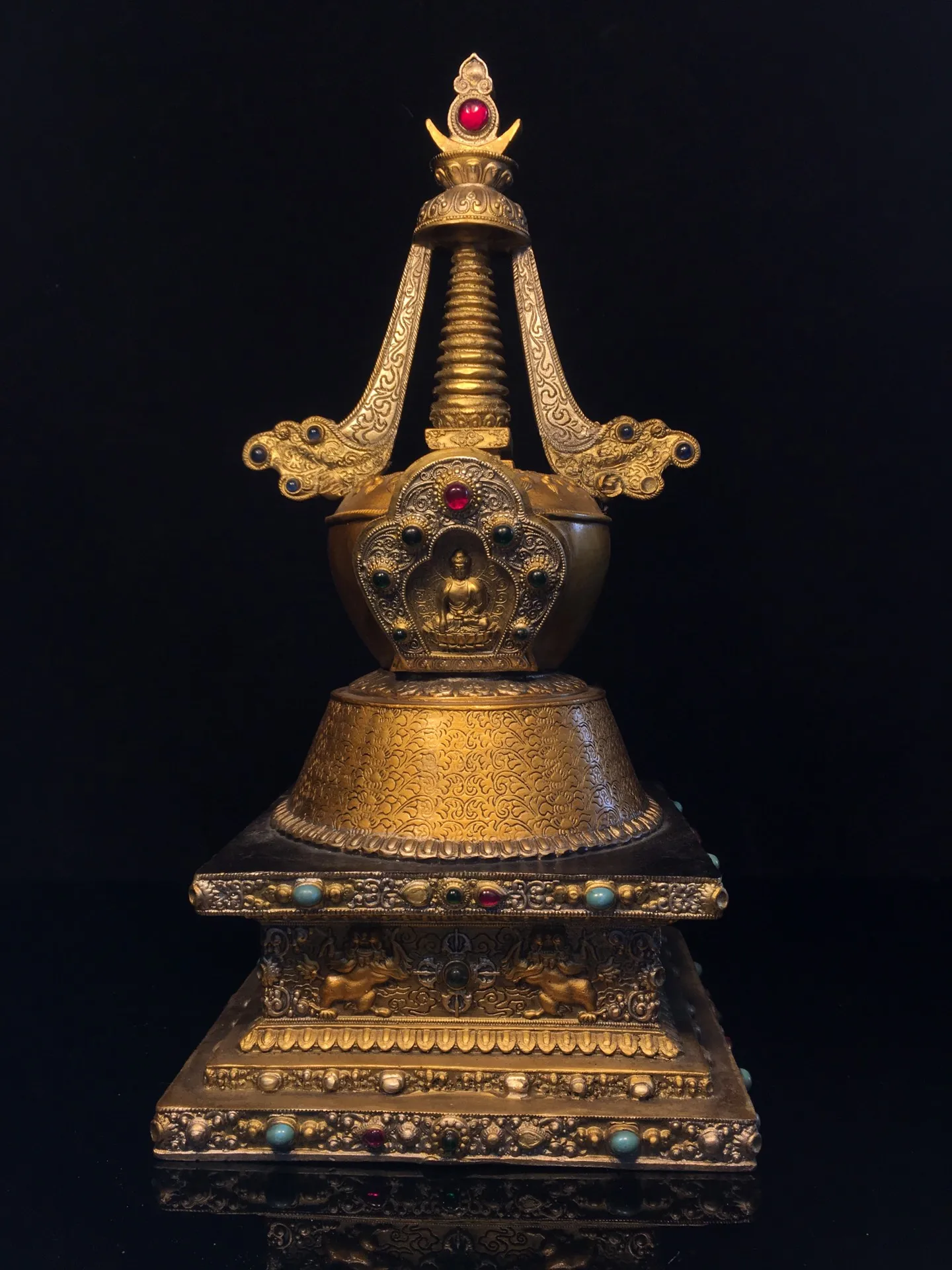 

14"Tibetan Temple Collection Old Bronze Painted Mosaic Gem Sakyamuni Sitting Buddha stupa pagoda Worship Hall Town house