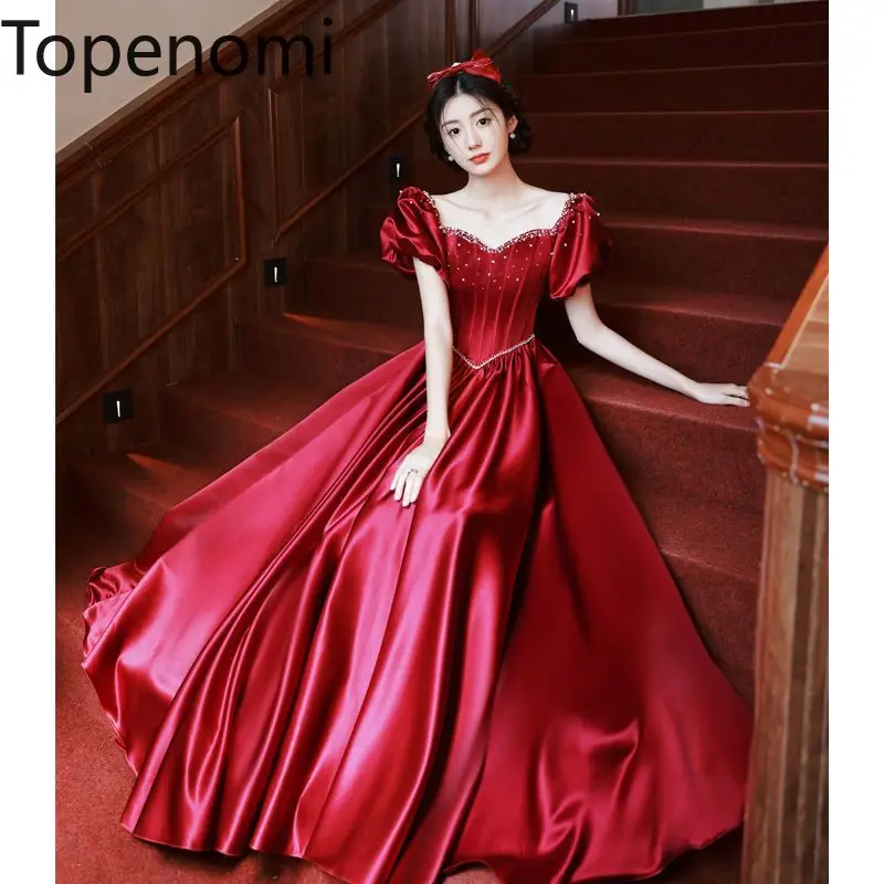 

Topenomi Elegant V Neck Prom Dresses Wine Red Beading Short Sleeve A-line Night Party Dress Summer Birthday Quinceanera Vestidos