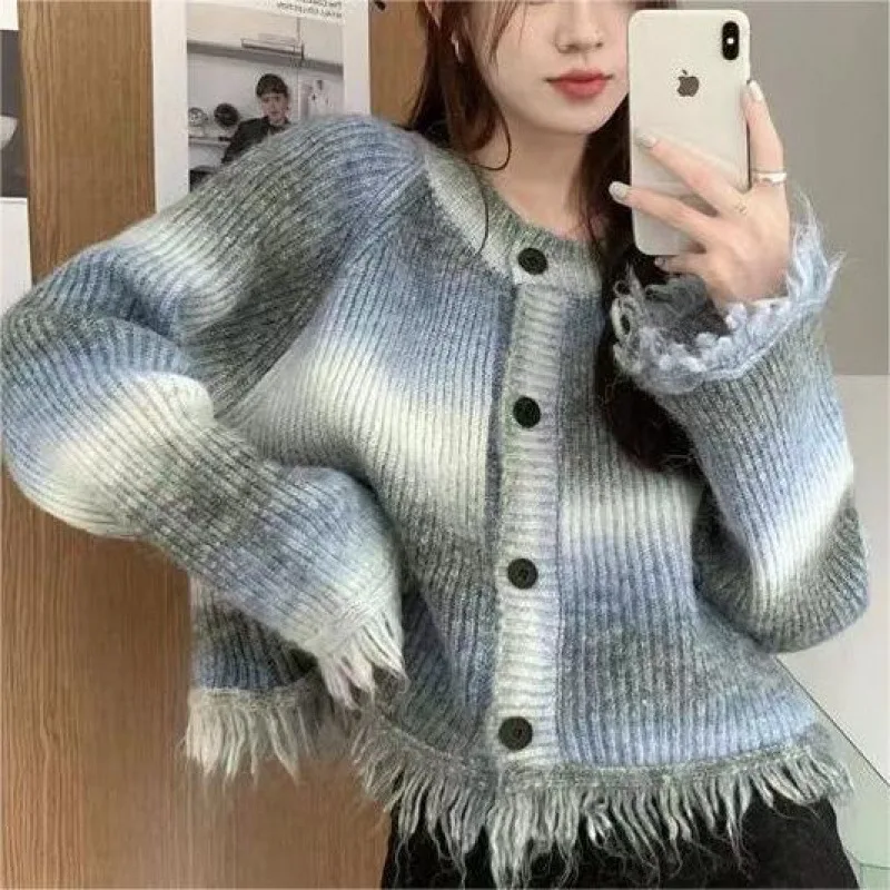 

Women's Tassels Sweater Cardigan Korean Harajuku O-neck Loose Short Sweater Coat Autumn Tie Dye Female Sweet Knitted Jacket