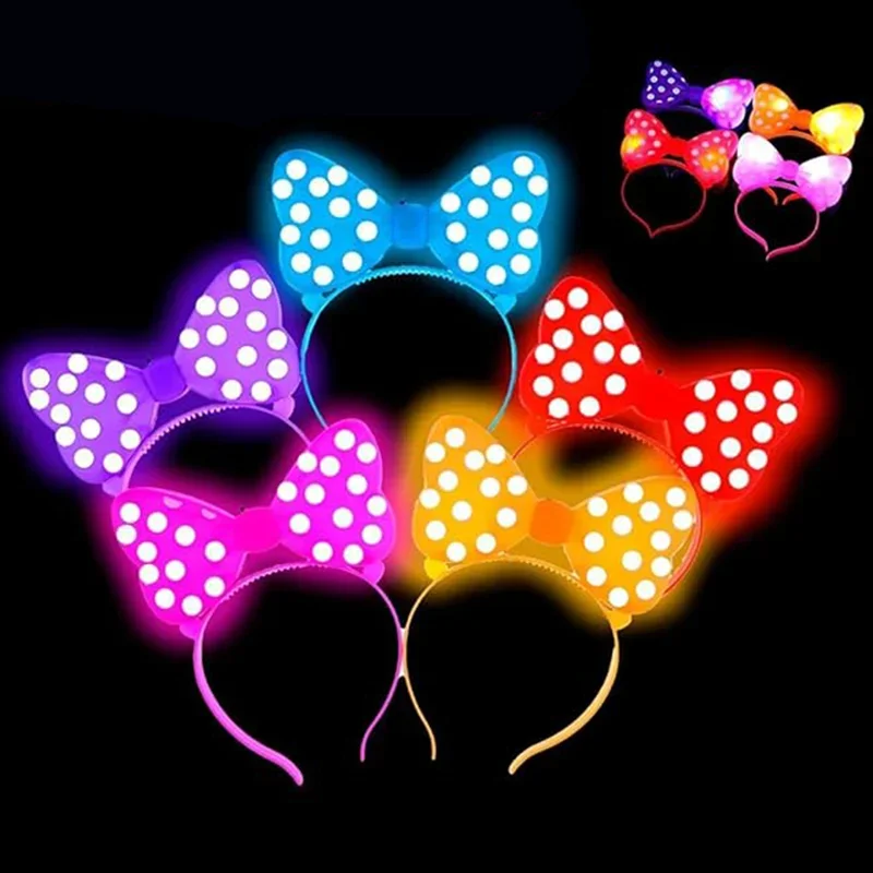LED Light-Up Girls Polka Dot Bowknot Glow Headband Flashing Luminous Bow Headband for Glowing Parties Fancy Plastic 5/10Pcs