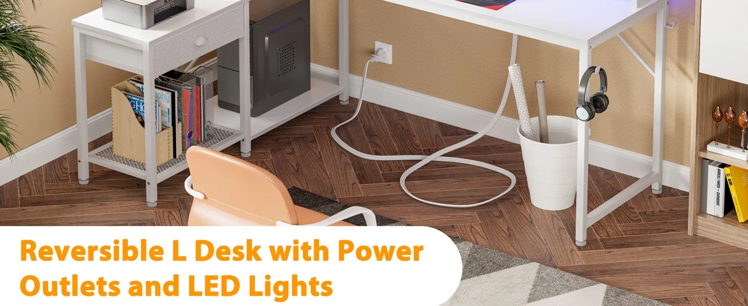 Description Picture 2 of itemL Shaped Desk with LED Lights & Power Outlet, Reversible Corner Computer Desk/91in Long Desk with Fabric Drawer and Shelves