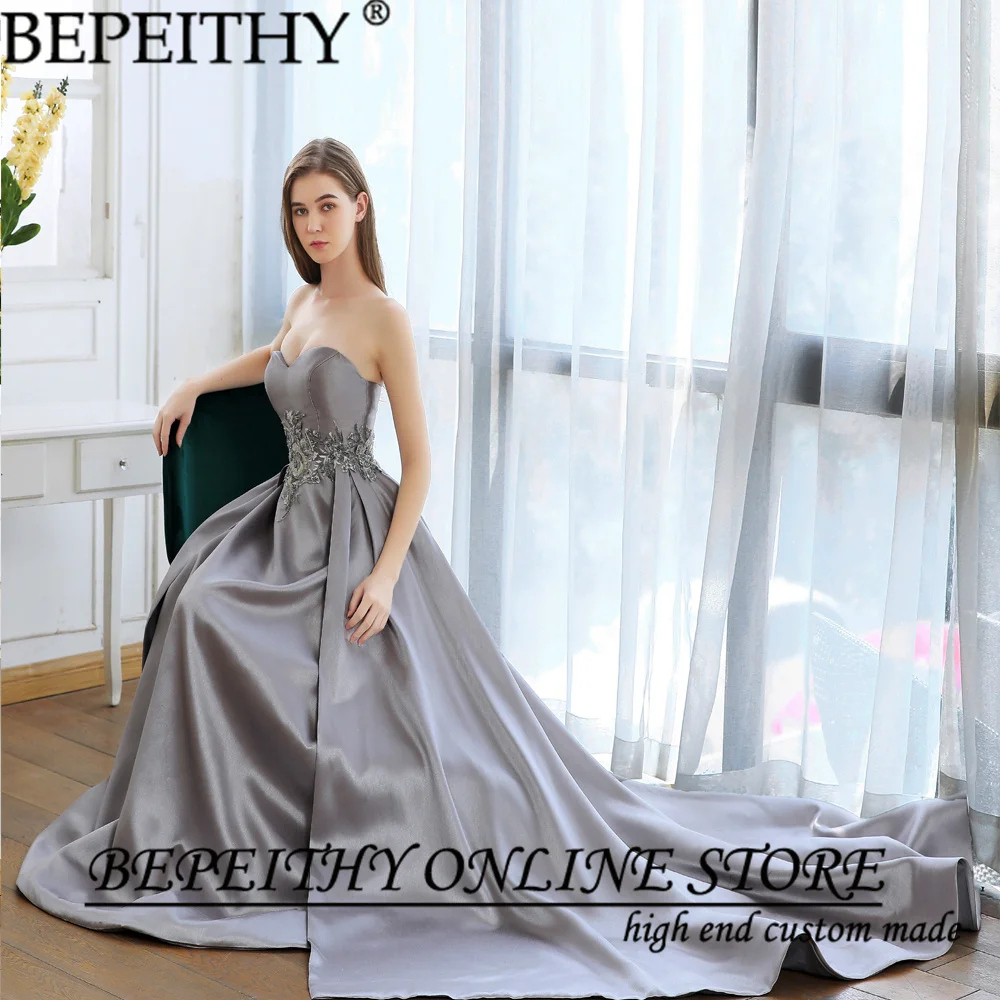 black ball gown BEPEITHY Vestido De Festa Sexy New Design Sweetheart Sleeveless Prom Gown Long Grey Appliques Court Train Evening Dresses 2022 black evening gowns