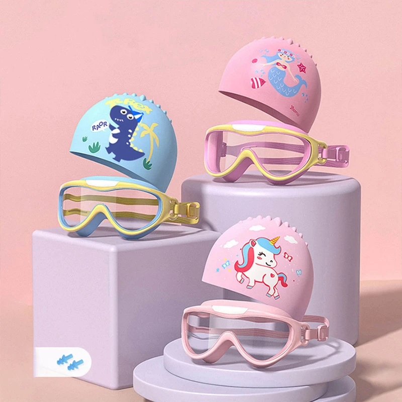 

Cartoon Kids Swimming Goggles With Ears Plug Swim Cap Set Boys Girls Anti Fog Silicone For Children Swim Eyewear Pool Glasses