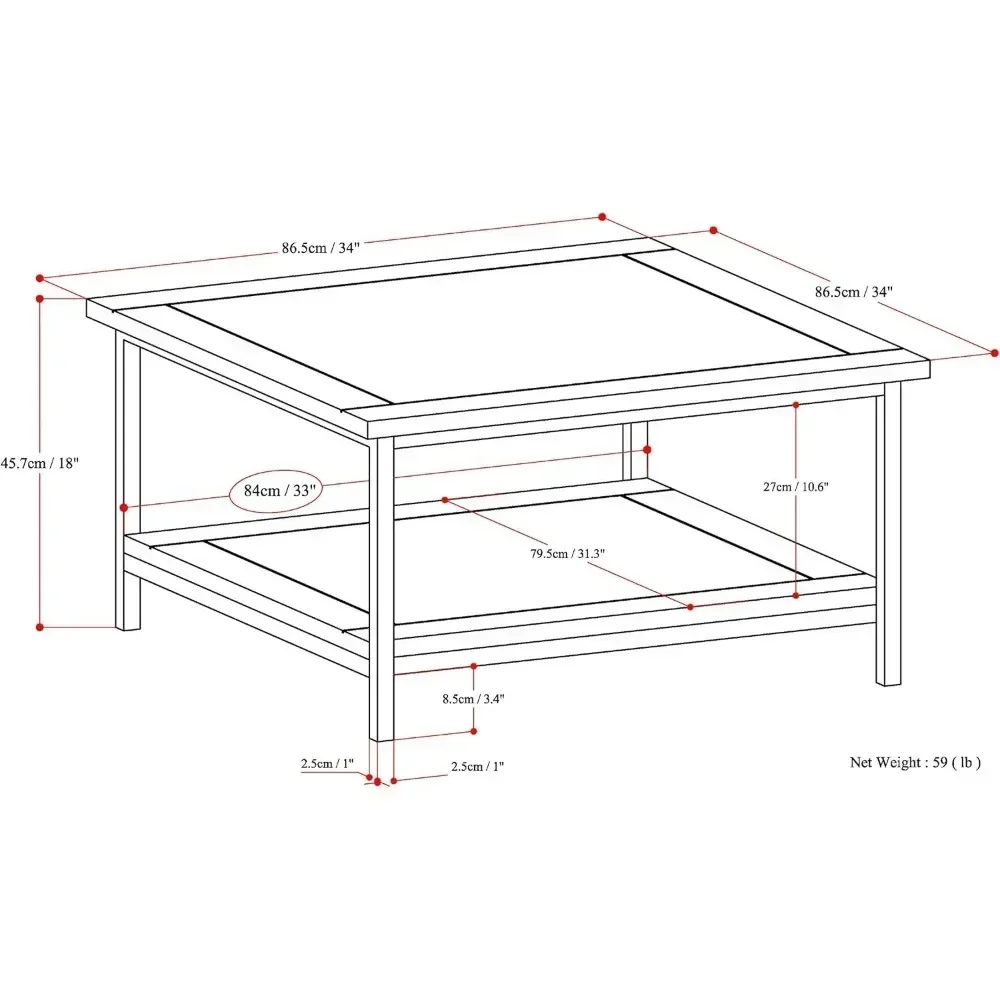 SOLID MANGO WOOD and Metal 34 Inch Wide Square Modern Industrial Coffee Table in Natural, for The Living Room and Family Room