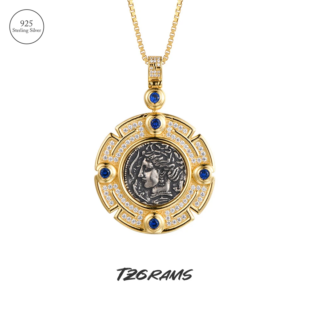 

TZgrams 925 Real Silver Vintage Greek Goddess Large Pendant Gold Antique Coin Two-sided Big Medallion Retro Fashion Jewelry