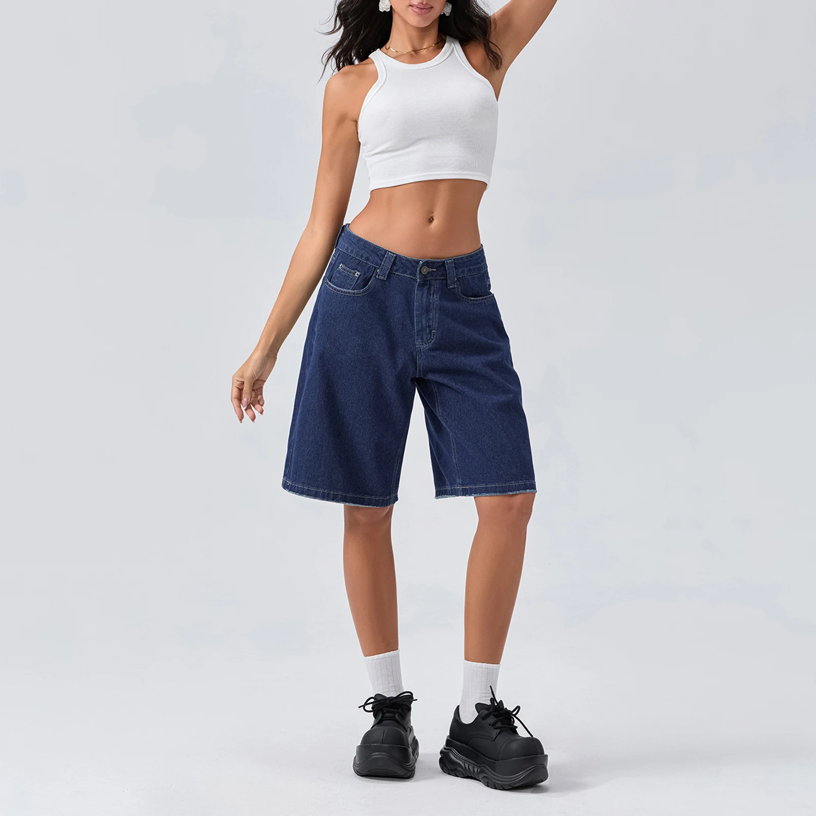 New Fashion Womens Knee Length Denim Shorts Loose Solid Color Low Rise Wide Leg Long Shorts With Pockets For Summer S-2XL