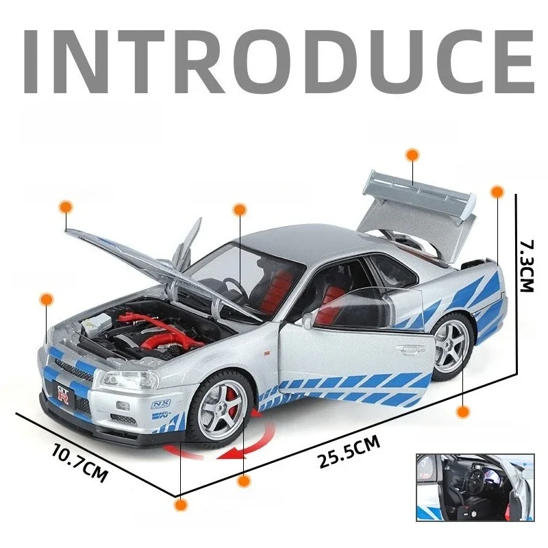 1:18 GTR R34 합금 모델 자동차 다이캐스트 금속 자동차 사운드 및 조명 수집품 어린이 장난감 선물