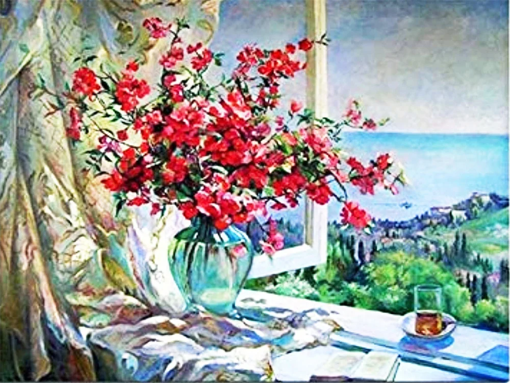 Landschaft Blumen Meer Gedruckt Leinwand Kreuz Stich Stickerei Kit Malerei Handarbeit Handwerk Nähen Magie Großhandel Schmuck – Detail 12