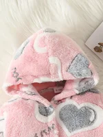 Toddler Active baby girl Love pattern fuzzy button-up hooded baby clothing Jumpsuit one-piece clothing Winter style Romper 3