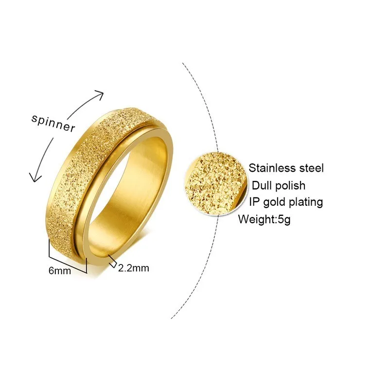 Bague tournante en acier inoxydable pour femme, rotation de documents en or  mat anodisé, marques de mariage, taille 5 à taille 13, 6mm