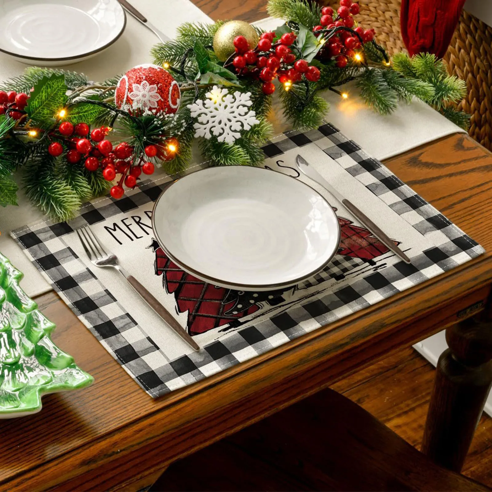 

New Linen Christmas Faceless Gnome Elk Tree Printed Table Place Mat Pad Cloth Placemat Cup Coaster Coffee Tea Doily Kitchen