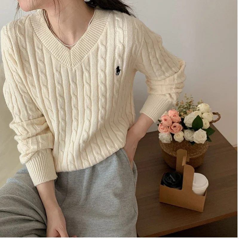 

Winter Casual Women's Twist Pullover Knitted Sweater Solid V-Neck Long Sleeve Jumper Vintage Embroidered Top Fall 2022