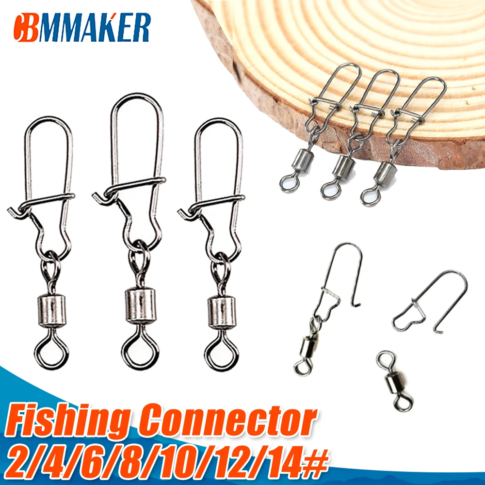 Cbmmaker 50pcs Fishing Accessories 2-14# Eight-ring Connector Stainless  Steel Snap Fishhook Swivels Tackle for Hooks Fishing