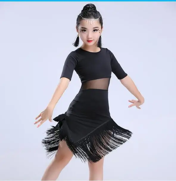 Child Girls Latin Dance Dress 1pcs/lot Fringe Salsa Costume Black Red Ballroom Tango Dresses dance dress