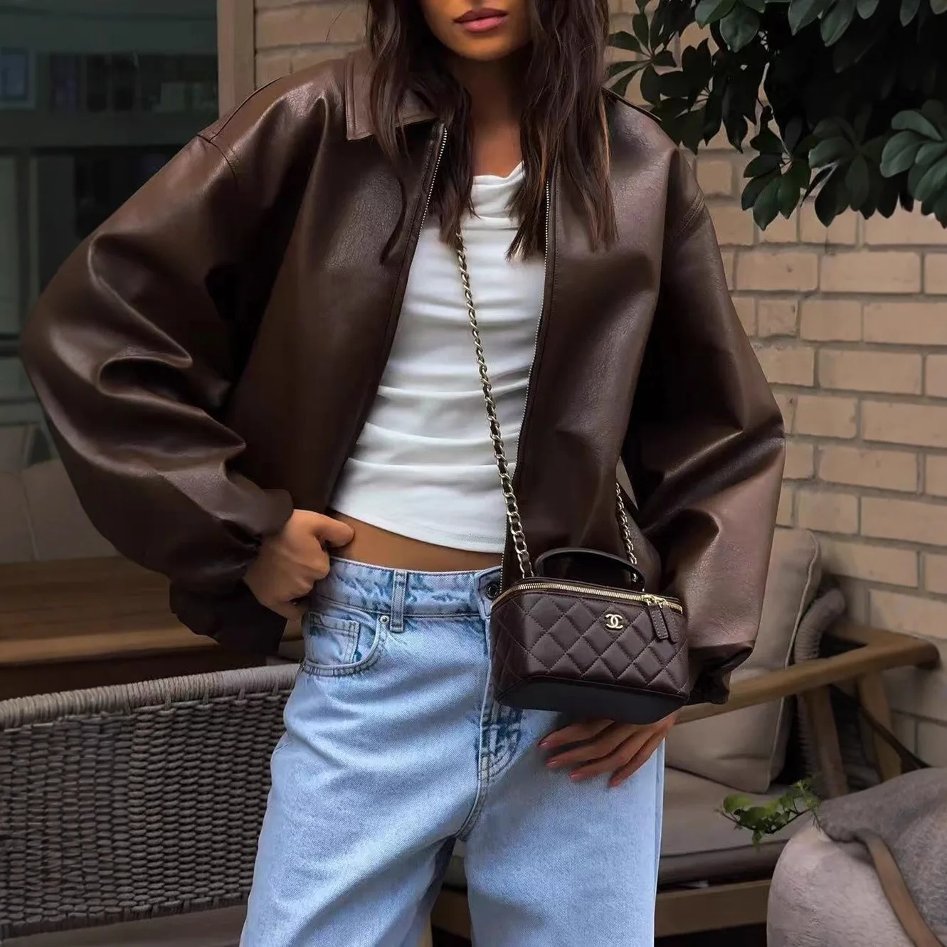 Veste bomber en cuir PU pour femme, à fermeture éclair, col à revers, manches longues, coupe ample, marron, pour l'automne et l'hiver, style streetwear vintage