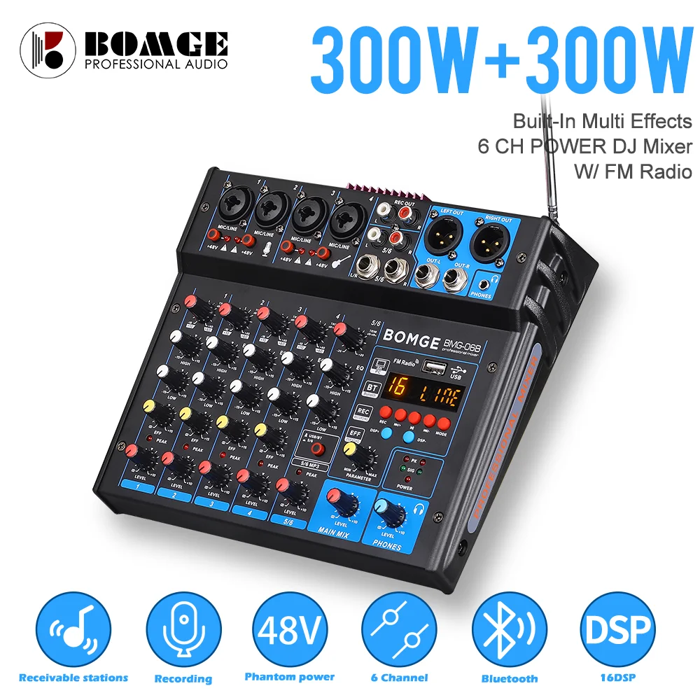 BOMGE 6 Channel Power Karaoke Stereo Amplifier Audio Mixer Sound Interface Mixing Console 600W Bluetooth USB MP3 FM Radio Home pro 6 channel 800w power mixer amplifier microphone mixing console sound with usb 48v bluetooth monitor 2 in 1 function