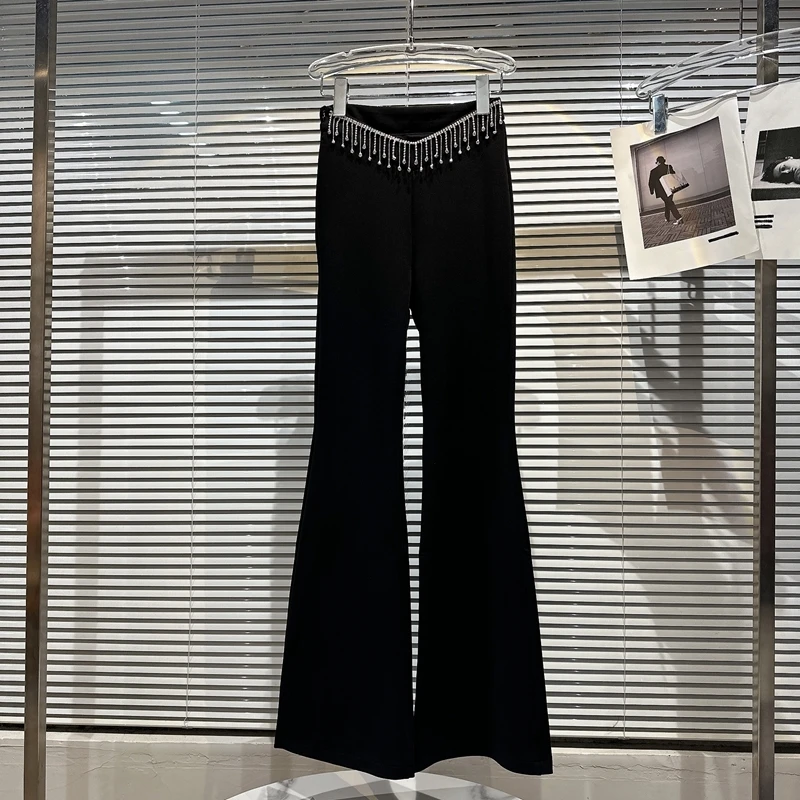 

Тяжелая промышленная цепочка бриллиантовые расклешенные брюки женские весна 2023 Новинка приталенные черные Костюмные брюки с высокой талией женские повседневные брюки