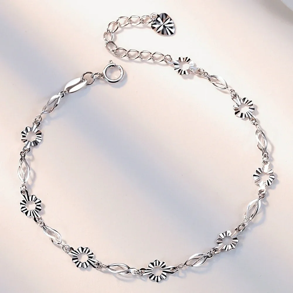 Vero Platino Puro 950 Catena Donna Carambola Flower Circle Link Bracciale 2.1-2.3G