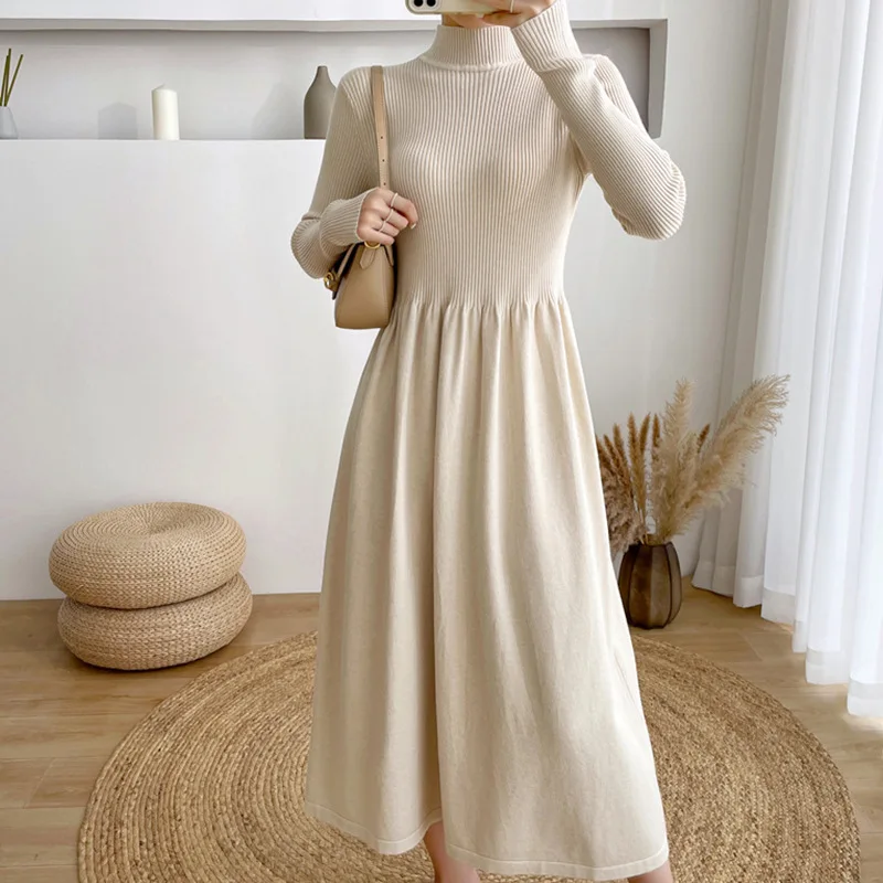

2023 New Autumn and Winter Women's Sweater Korean Style Elegant Half Turtleneck Solid Color Mid-length Bottoming Knitted Dress