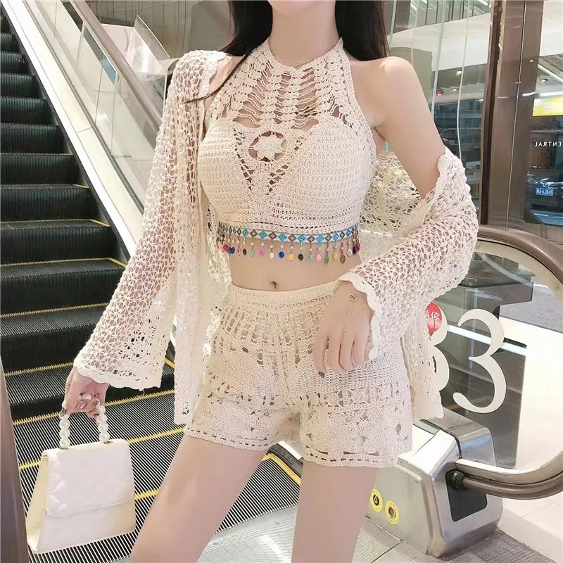 OUMEA Women Cotton Crochet Cardigans Halter Retro Bead Fringe Backless Crop Top Floral Embroidery Cotton Shorts Beach Sexy Sets