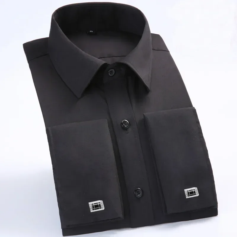 

French Cuff Dress Shirts Long Sleeve Mens Business Formal Shirt with Cufflinks Tuxedo Party Wedding Male Spread Collar