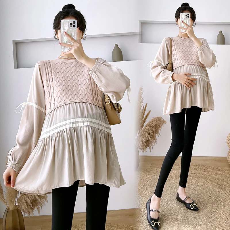 532# Autumn Winter Fashion Patchwork Knitted Maternity Blouses Loose Shirts Clothes for Pregnant Women Cute Pregnancy Tops maternity tops