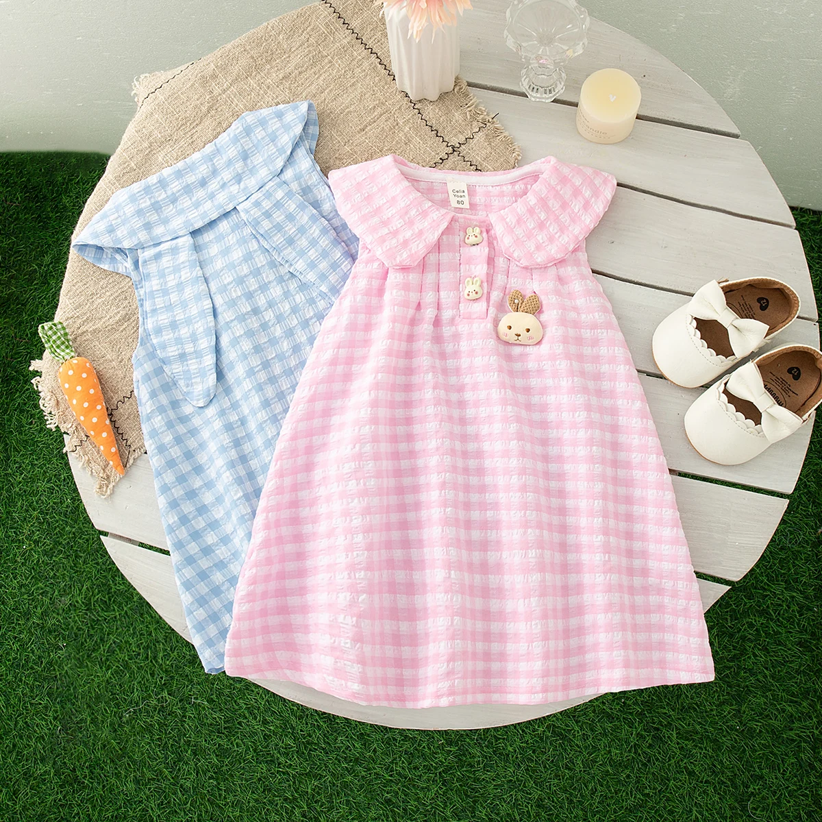 Summer Arrival Baby Girls Short Sleeves Plaid and Animals Pattern Dress main image 0