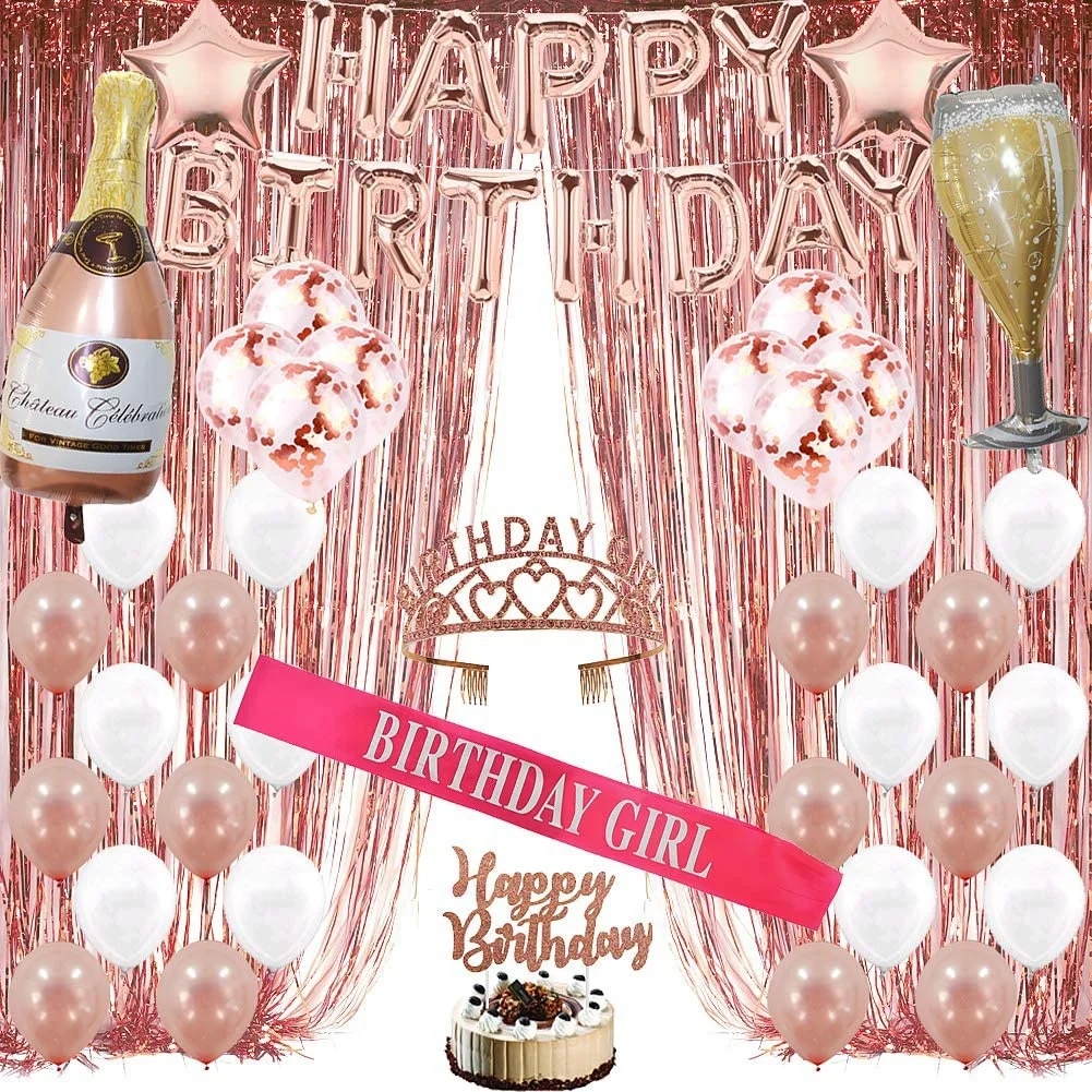 Rose Gold Birthday Decorations Party Supplies Backdrop for Girls and Women include Happy Birthday Balloons