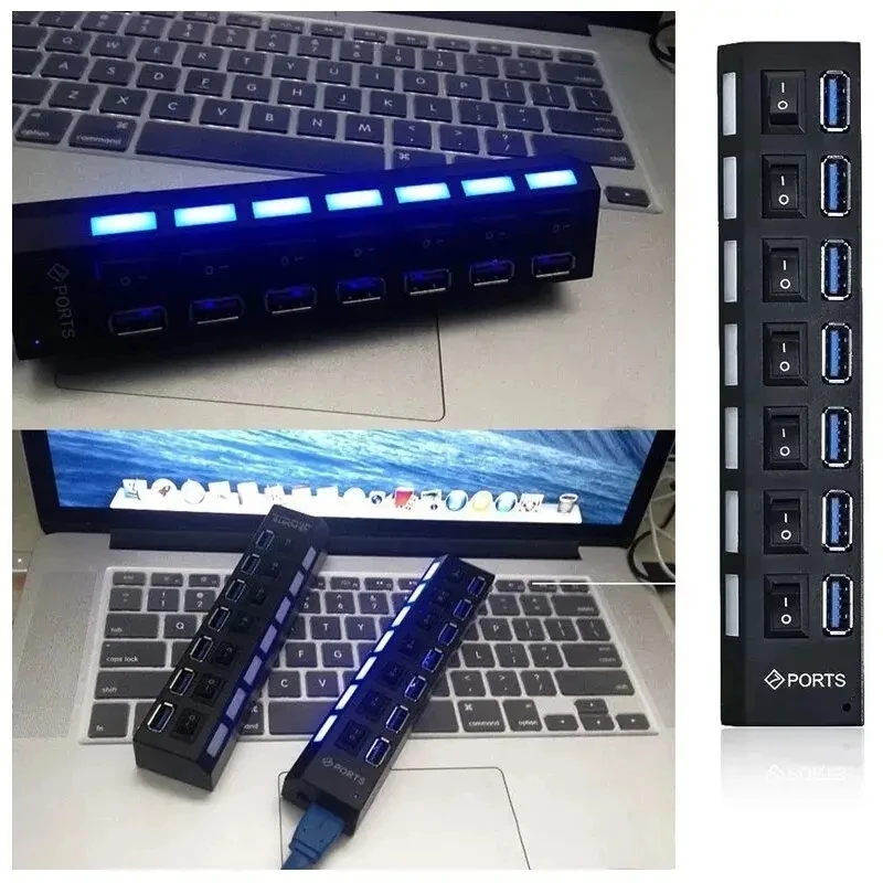 USB 허브 USB 스위치 허브 2.0 어댑터, 고속 멀티 7 포트, USB 온 오프, 컴퓨터 노트북용 휴대용 분배기