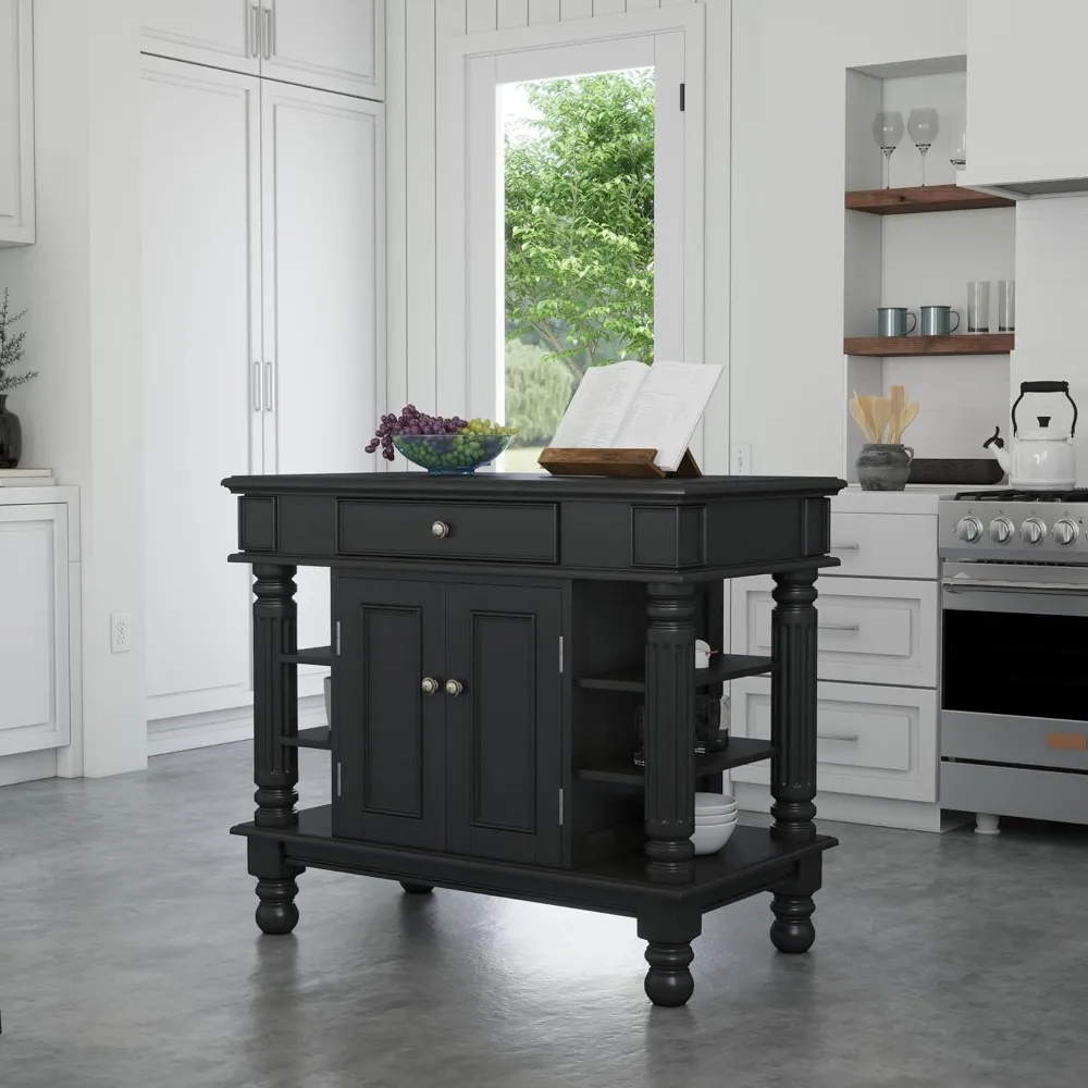 

Americana Black Kitchen Island With Open Shelving By Home Styles Trolley Kitchen Cabinet and Storage Furniture